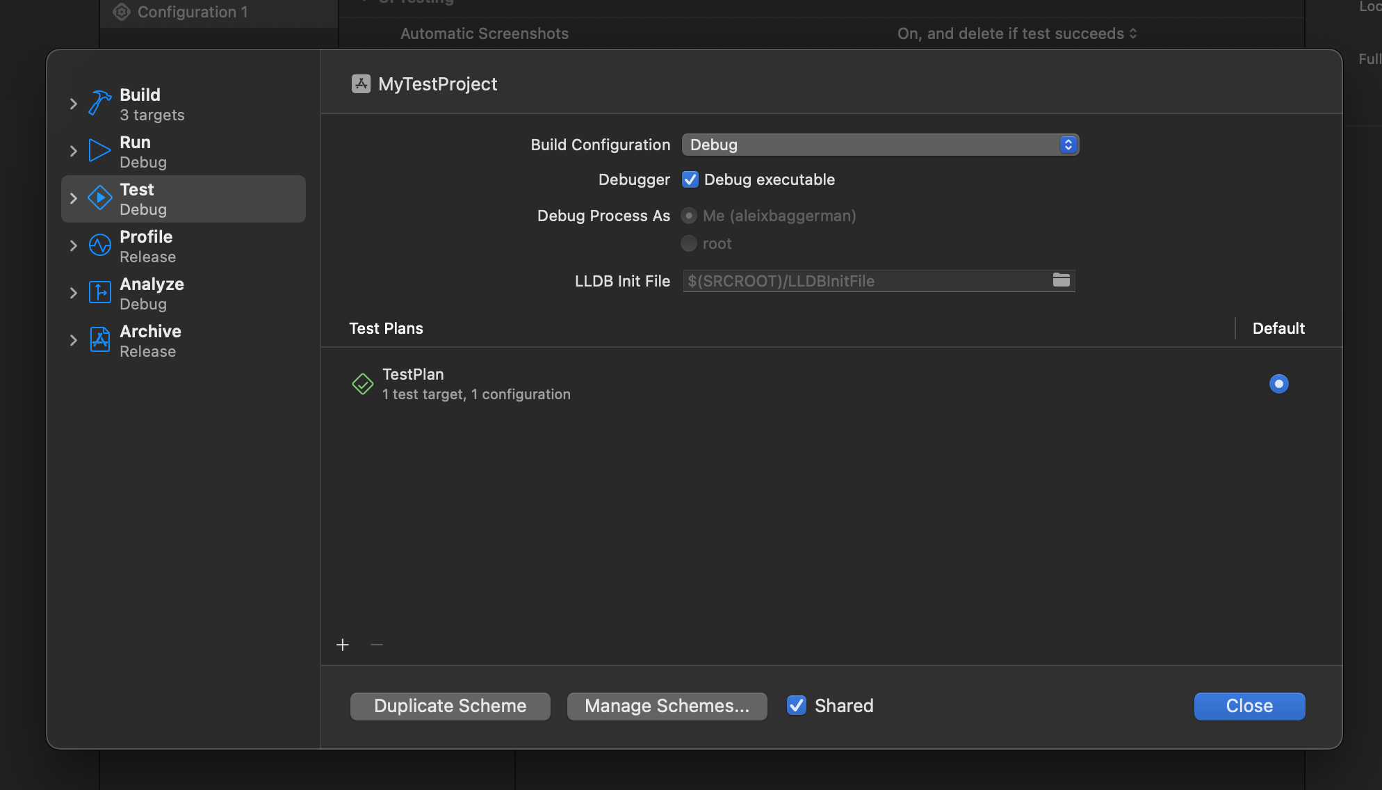 Edit scheme test action Xcode.