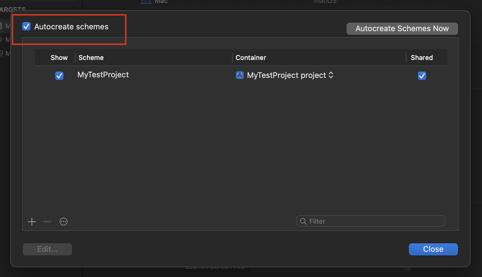 Manage schemes Xcode