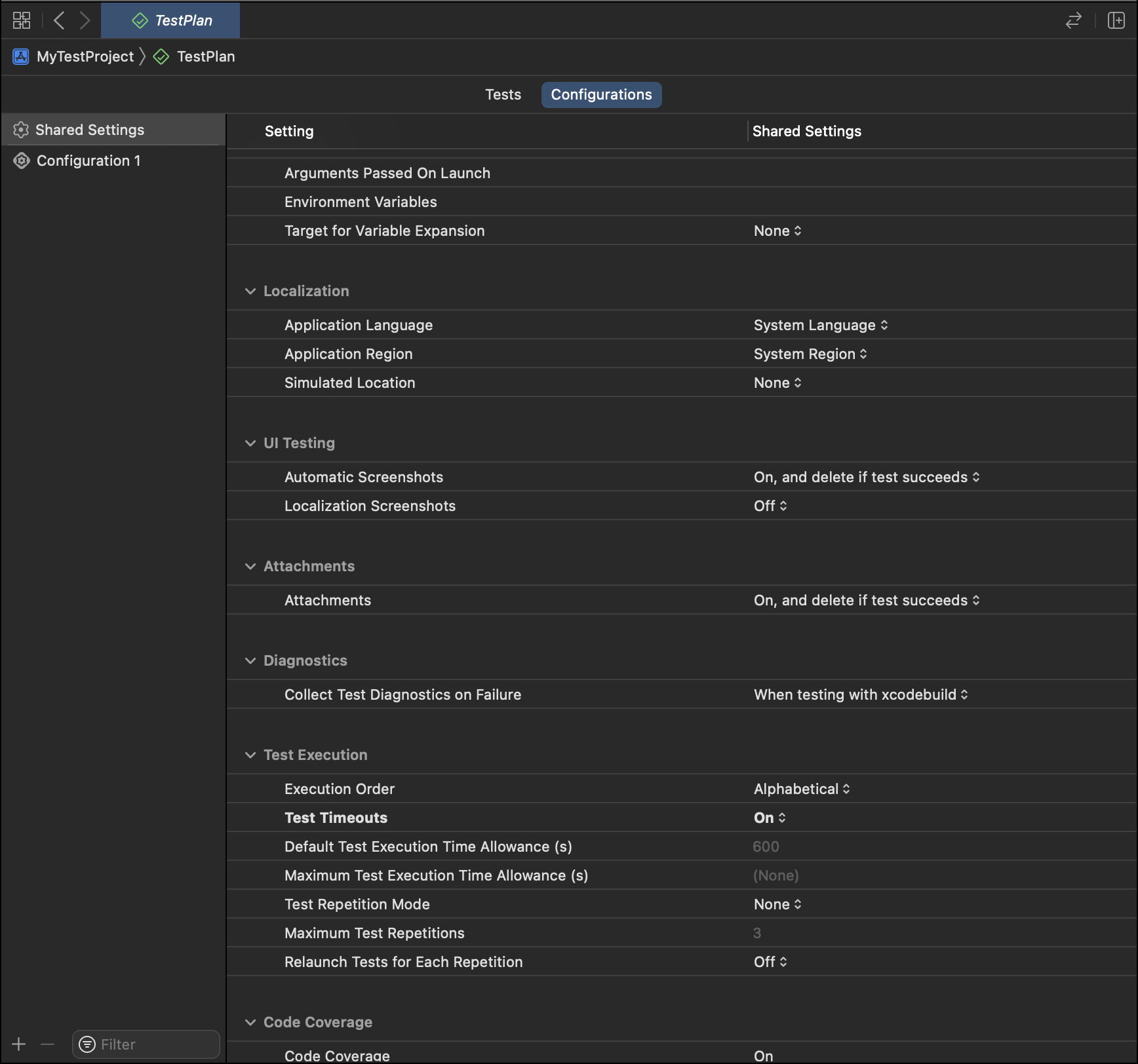Test plan configuration xcode